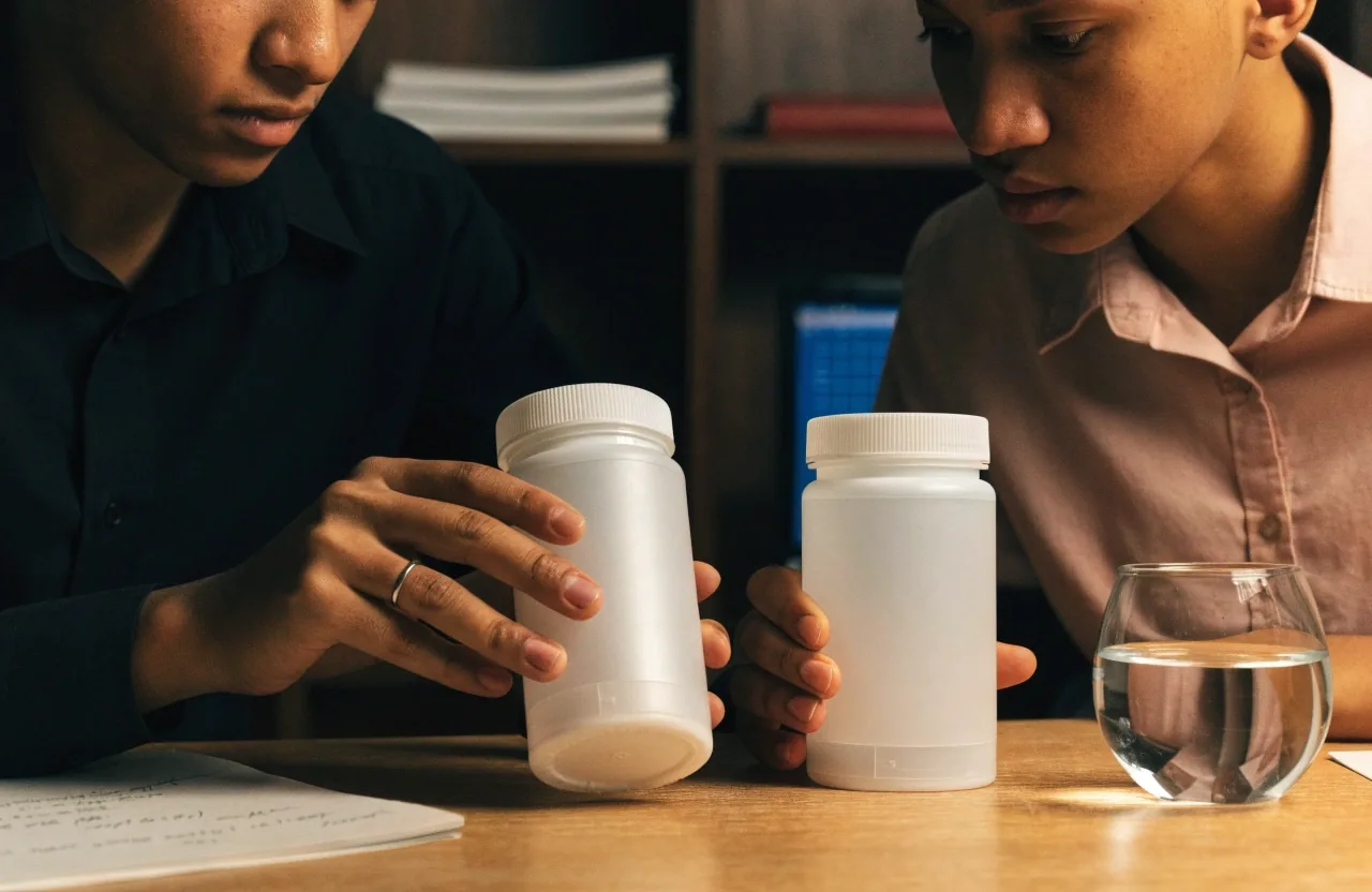 Two editors comparing supplement containers side by side at a lit desk in Jakarta