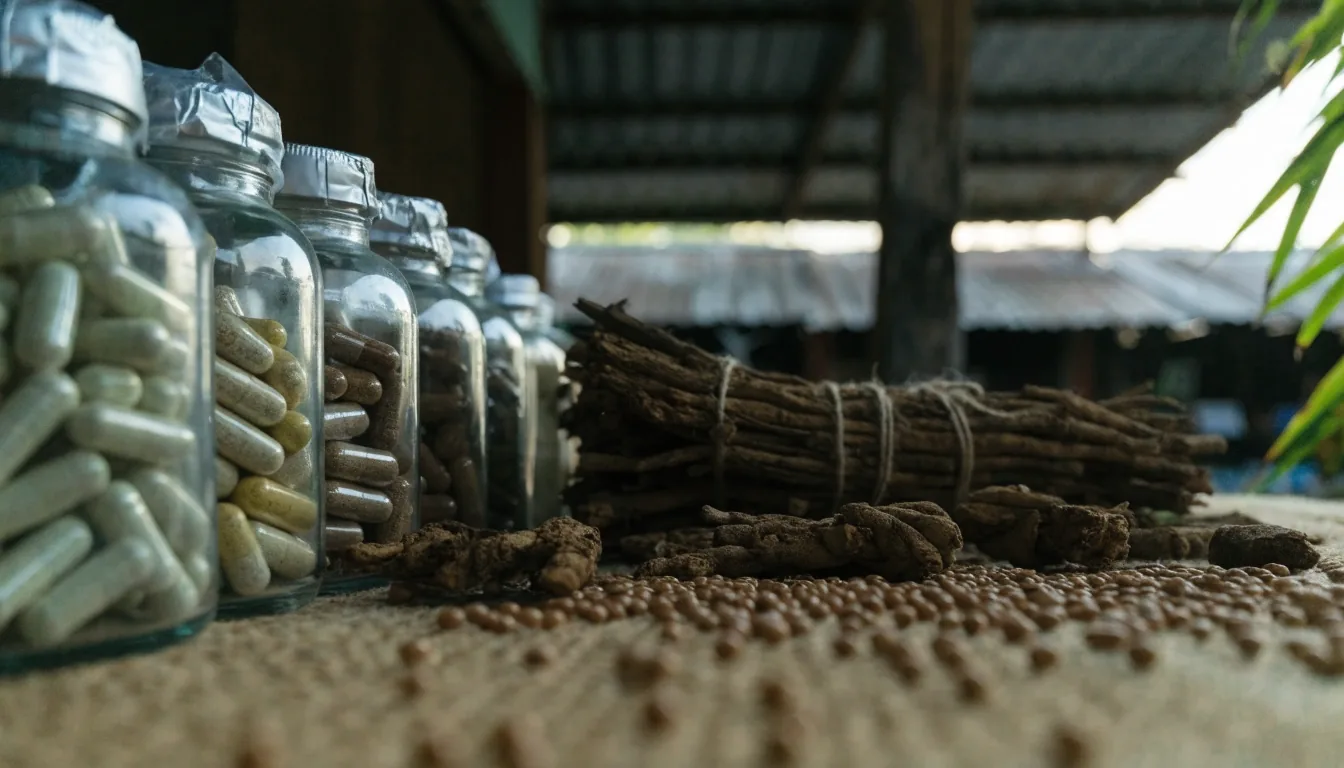 An overhead view of a shaded market stall table with plain jars of capsules, dried herbs and root slices