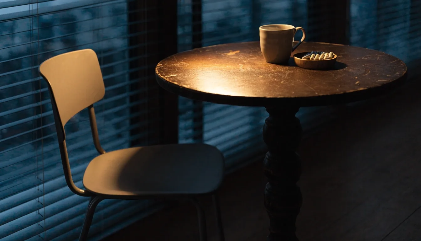 An editor working alone at a dusk-lit desk with a notebook and glass of water
