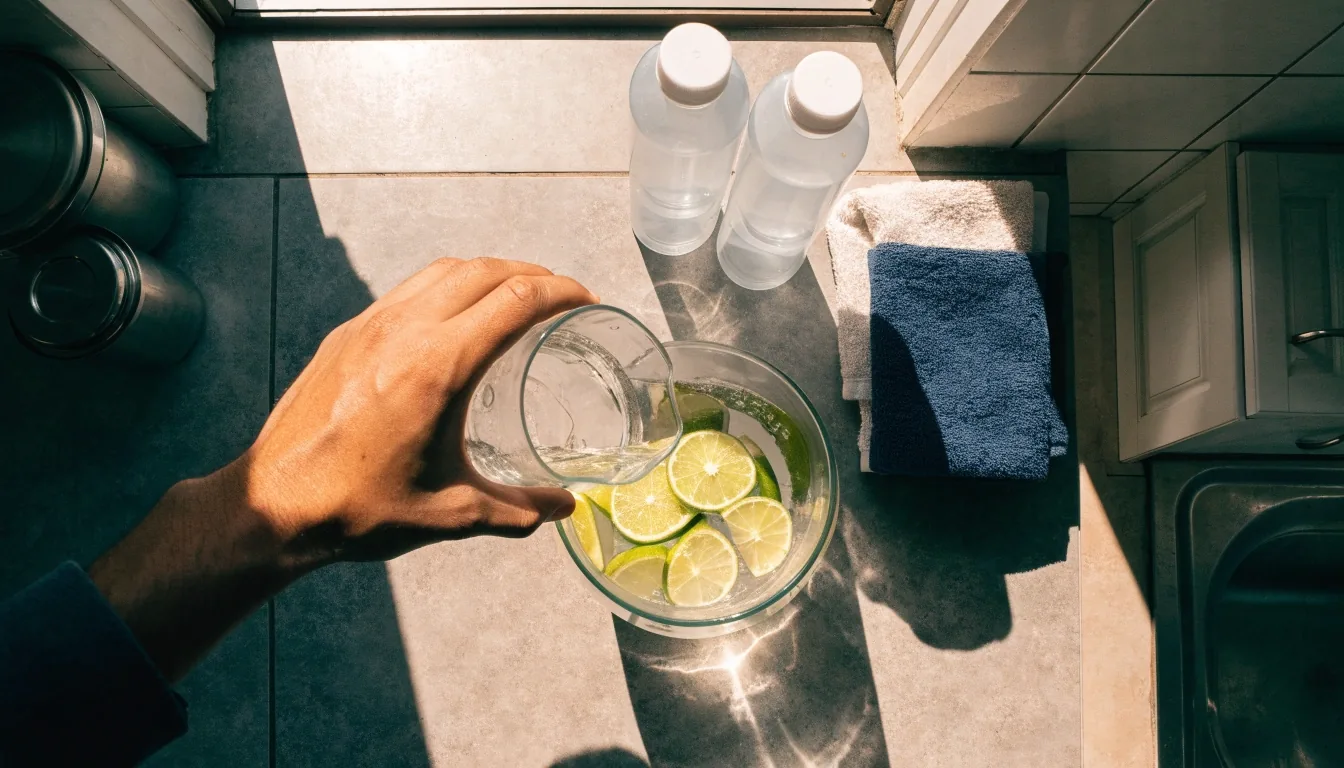 A man refilling a glass of water from a pitcher on a bright Jakarta kitchen counter beside two water bottles