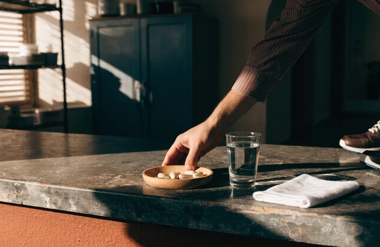 A hand setting a wooden dish of capsules and a filled water glass beside running shoes on a kitchen counter in late afternoon light