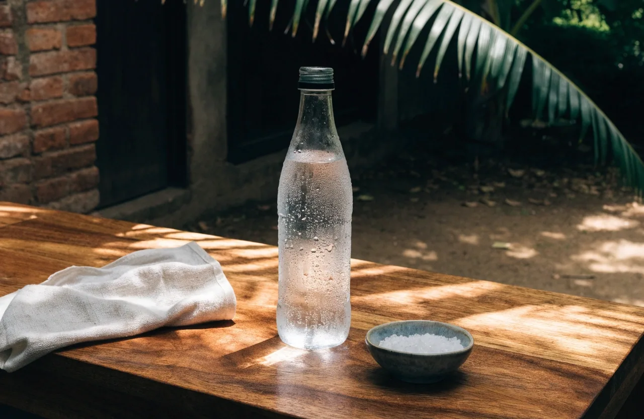 A glass water bottle on a shaded outdoor workbench beside a towel and a small bowl of salt