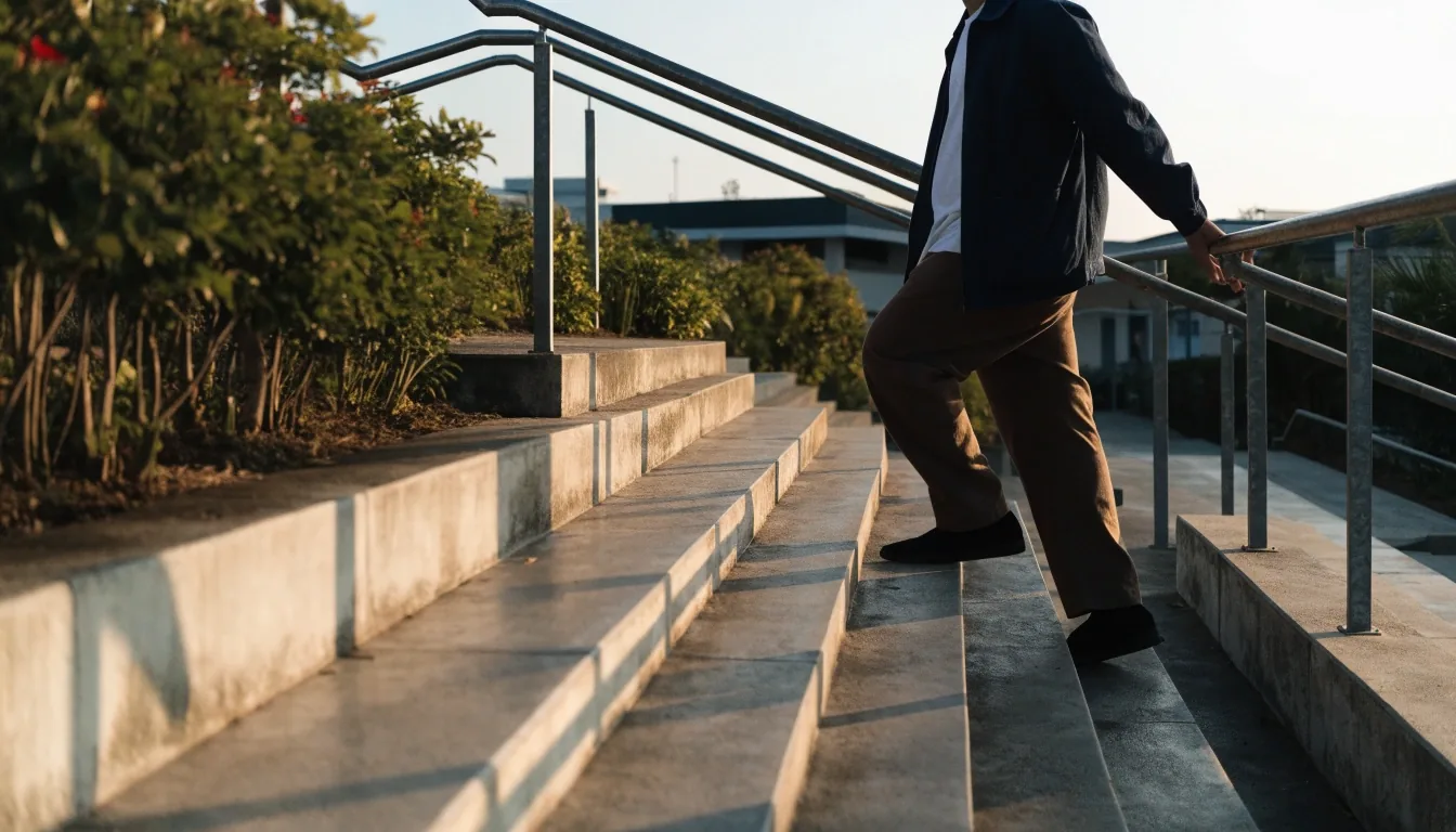 A man walking a tree-lined path on an office campus in Jakarta in the late afternoon