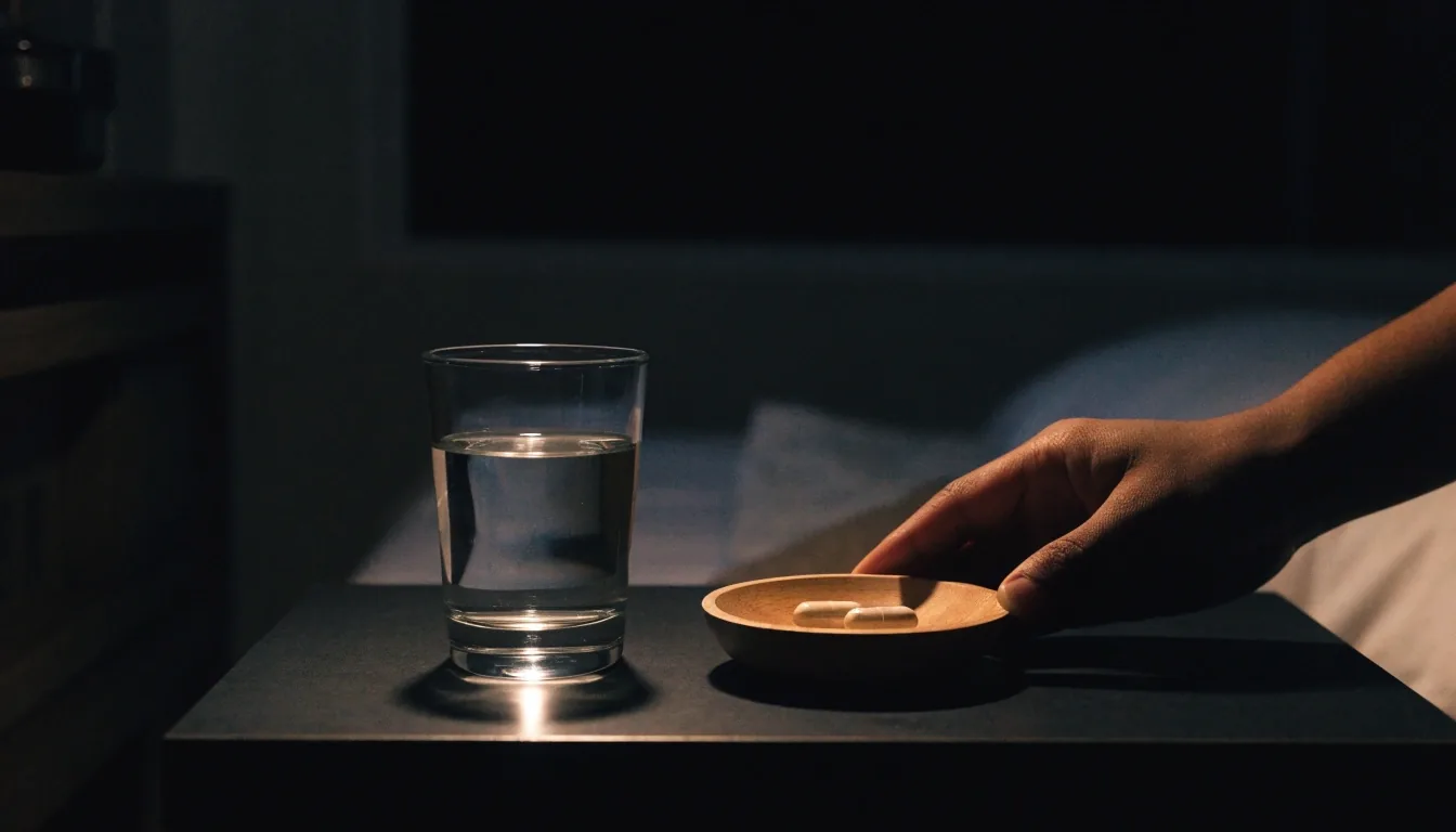 A bedside table at night with a glass of water, a wooden dish of daily capsules and a folded cloth
