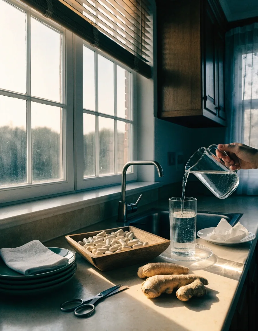 A hand at a dawn kitchen counter beside a glass of water and a wooden dish