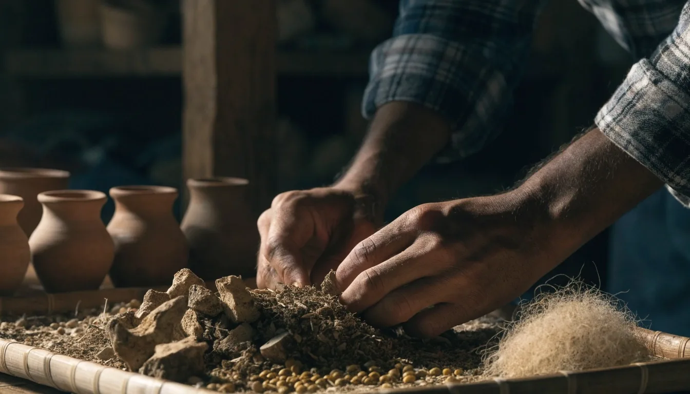 A shaded market stall table with dried herbs and unlabeled jars of roots and seeds