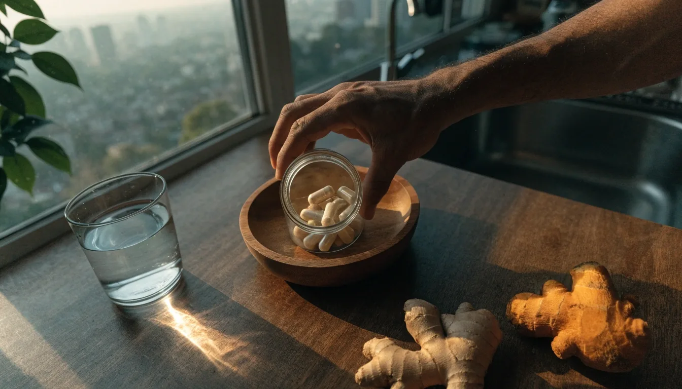 A hand pouring daily capsules into a wooden dish on a kitchen table beside a glass of water