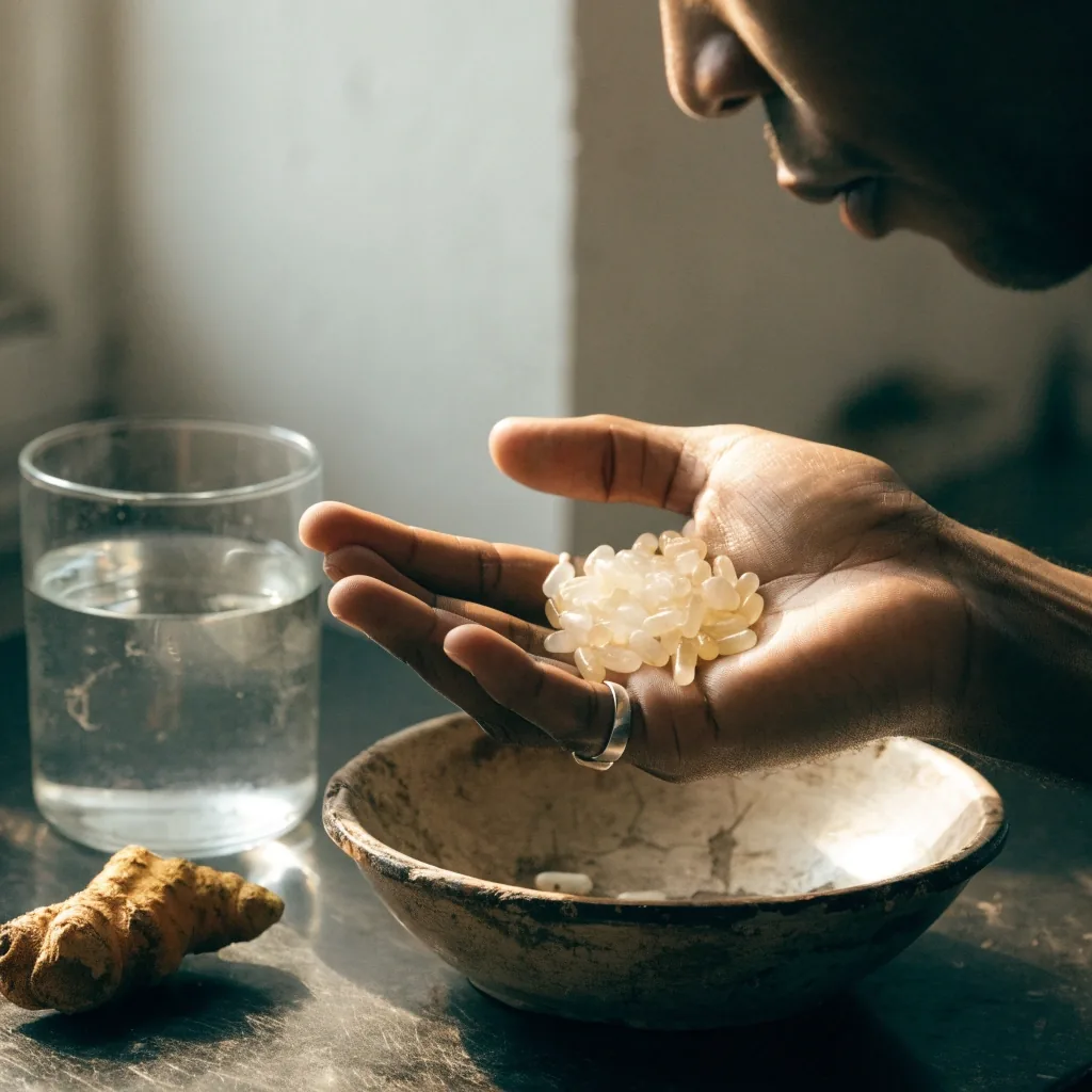 A hand pouring unbranded capsules into a wooden dish on a dark kitchen table beside a glass of water and fresh roots