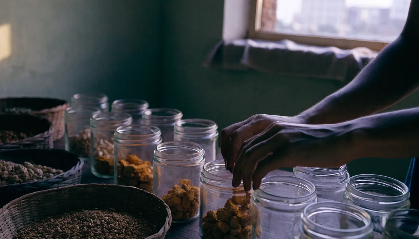 Dried herbs, roots, and plain unlabelled jars of seeds arranged on a shaded market table in morning light