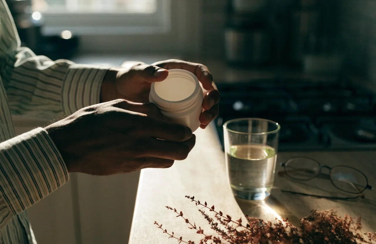 Hands turning a plain unbranded supplement container on a sunlit kitchen counter beside a reading glass and a glass of water