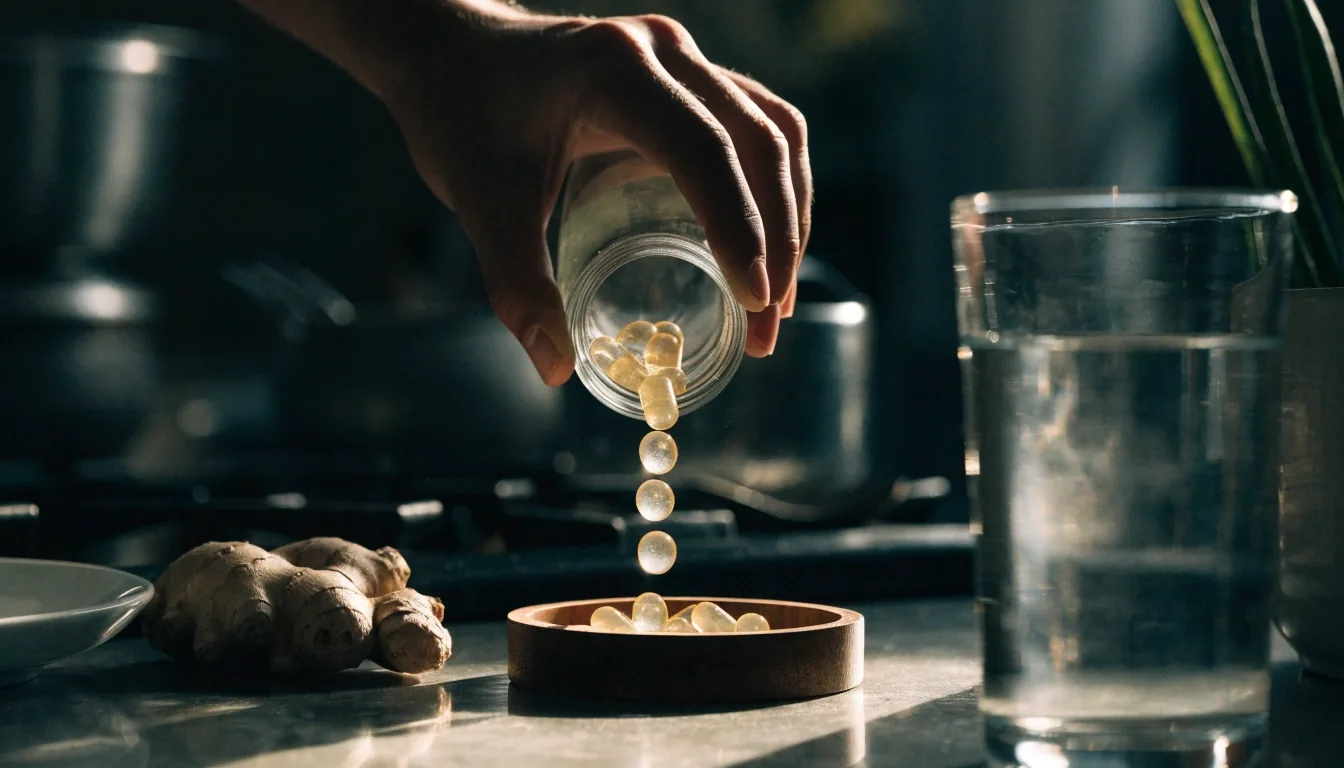 A hand tipping natural capsules from a glass jar into a wooden dish on a dark kitchen table at dawn in Jakarta