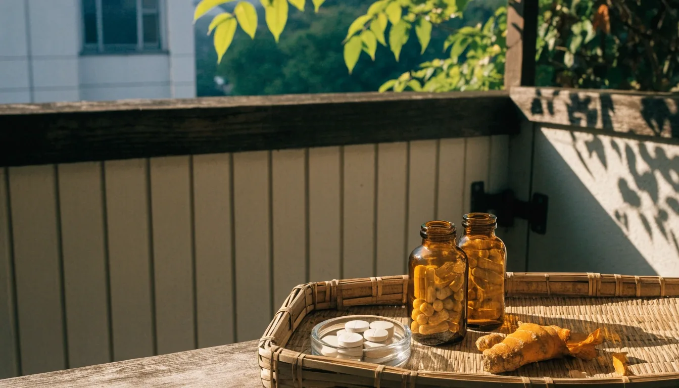 Daily capsules poured into a wooden dish beside a glass of water on a Jakarta kitchen table in morning light