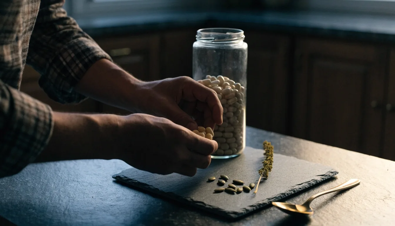Hands sorting a measured daily portion of capsules and seeds into a slate dish in dim morning light